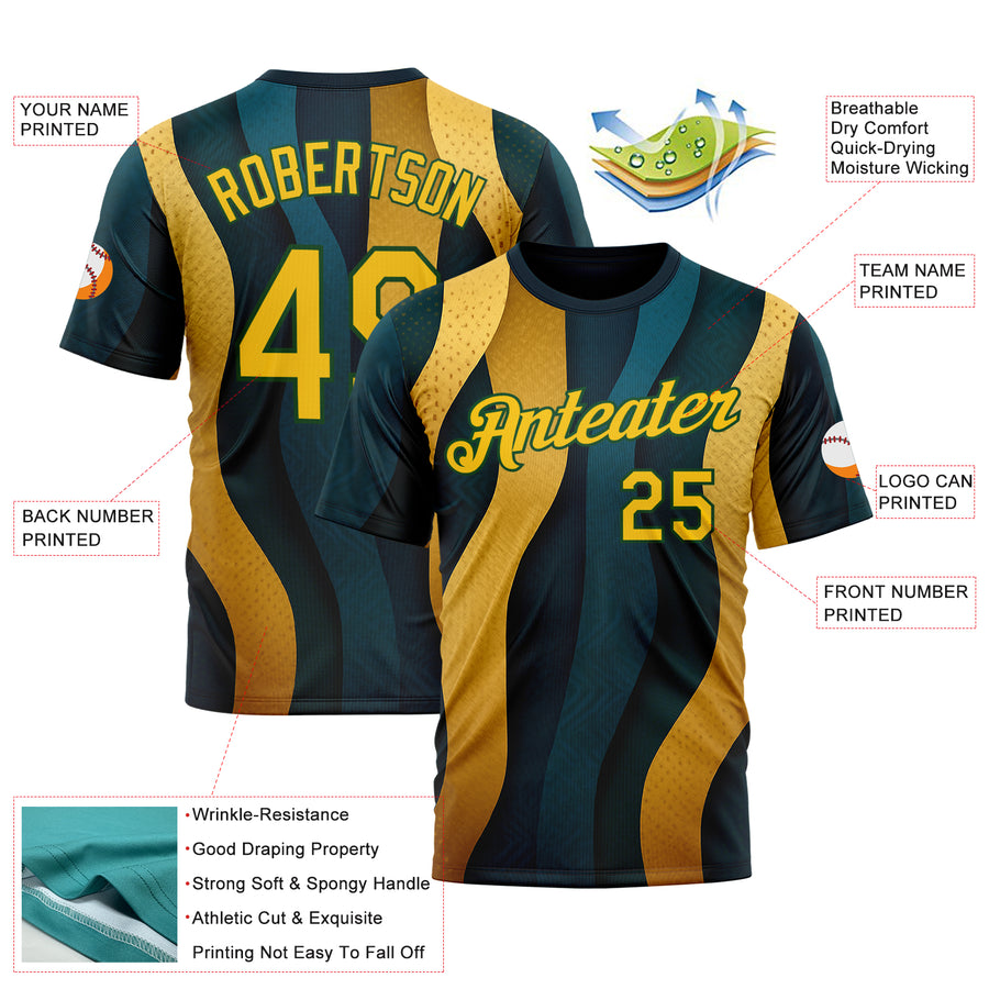 Custom Blue Yellow-Green 3D Pattern Design Color Block Sportswear Performance T-Shirt