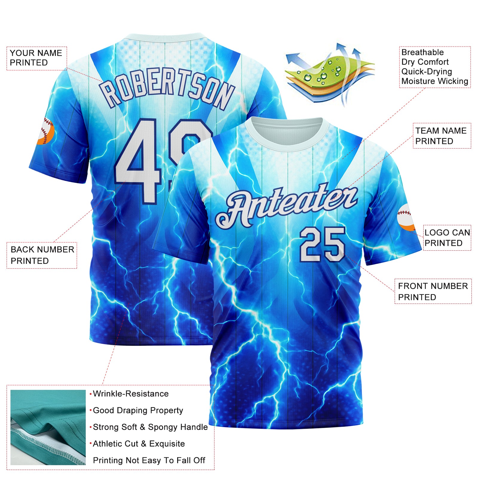 Custom Blue White-Thunder Blue 3D Pattern Design Lightning Sportswear Performance T-Shirt