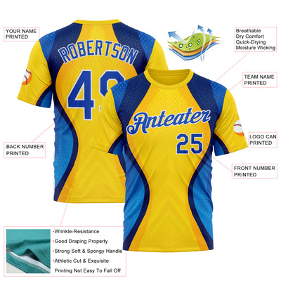 Custom Yellow Thunder Blue Blue-White 3D Pattern Design Brazil Color Block Sportswear Performance T-Shirt