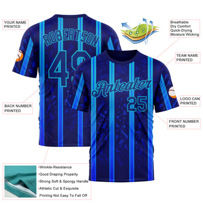 Custom Blue Royal-Lakes Blue 3D Pattern Design Classic Geometric Shape Stripe Sportswear Performance T-Shirt