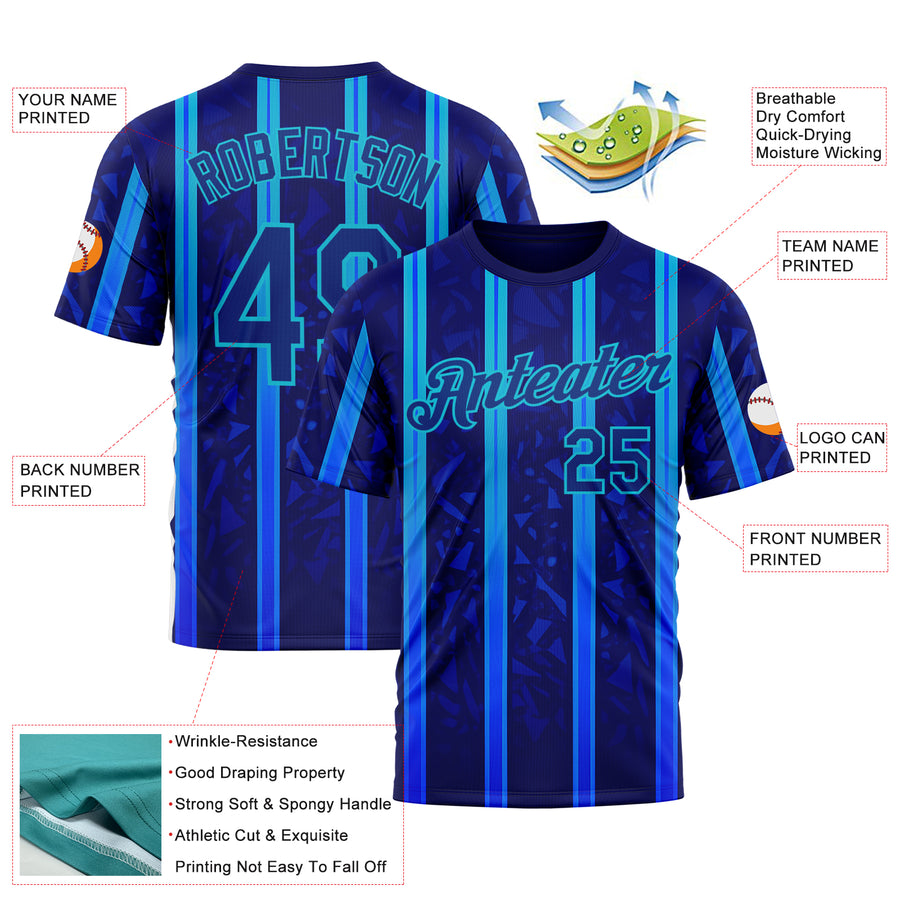 Custom Blue Royal-Lakes Blue 3D Pattern Design Classic Geometric Shape Stripe Sportswear Performance T-Shirt