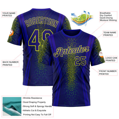 Custom Blue Dark Purple-Neon Yellow 3D Pattern Design Abstract Net Sportswear Performance T-Shirt