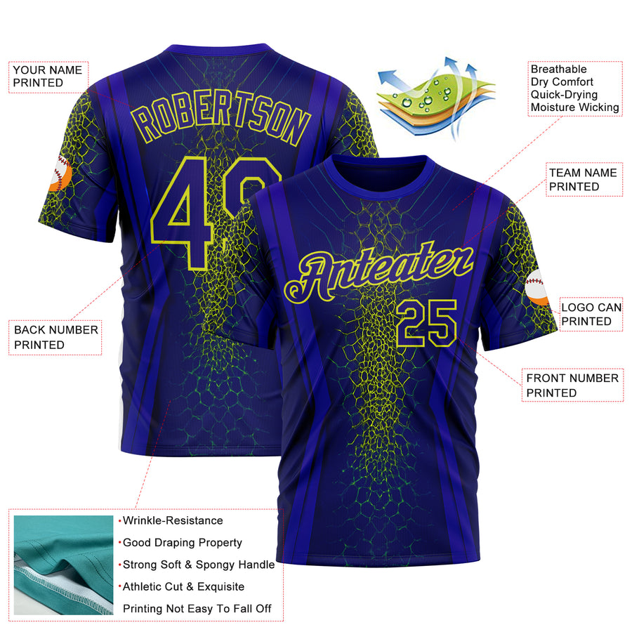 Custom Blue Dark Purple-Neon Yellow 3D Pattern Design Abstract Net Sportswear Performance T-Shirt