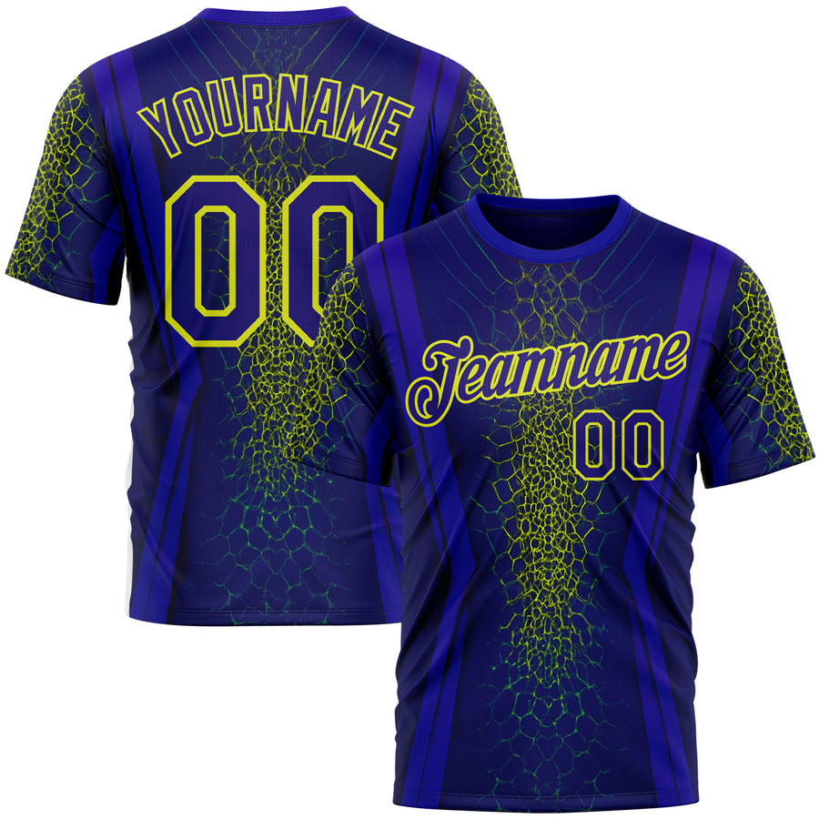 Custom Blue Dark Purple-Neon Yellow 3D Pattern Design Abstract Net Sportswear Performance T-Shirt