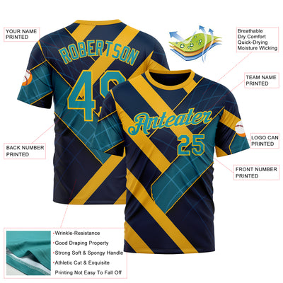 Custom Blue Teal-Yellow 3D Pattern Design Brazil Geometric Shape Sportswear Performance T-Shirt