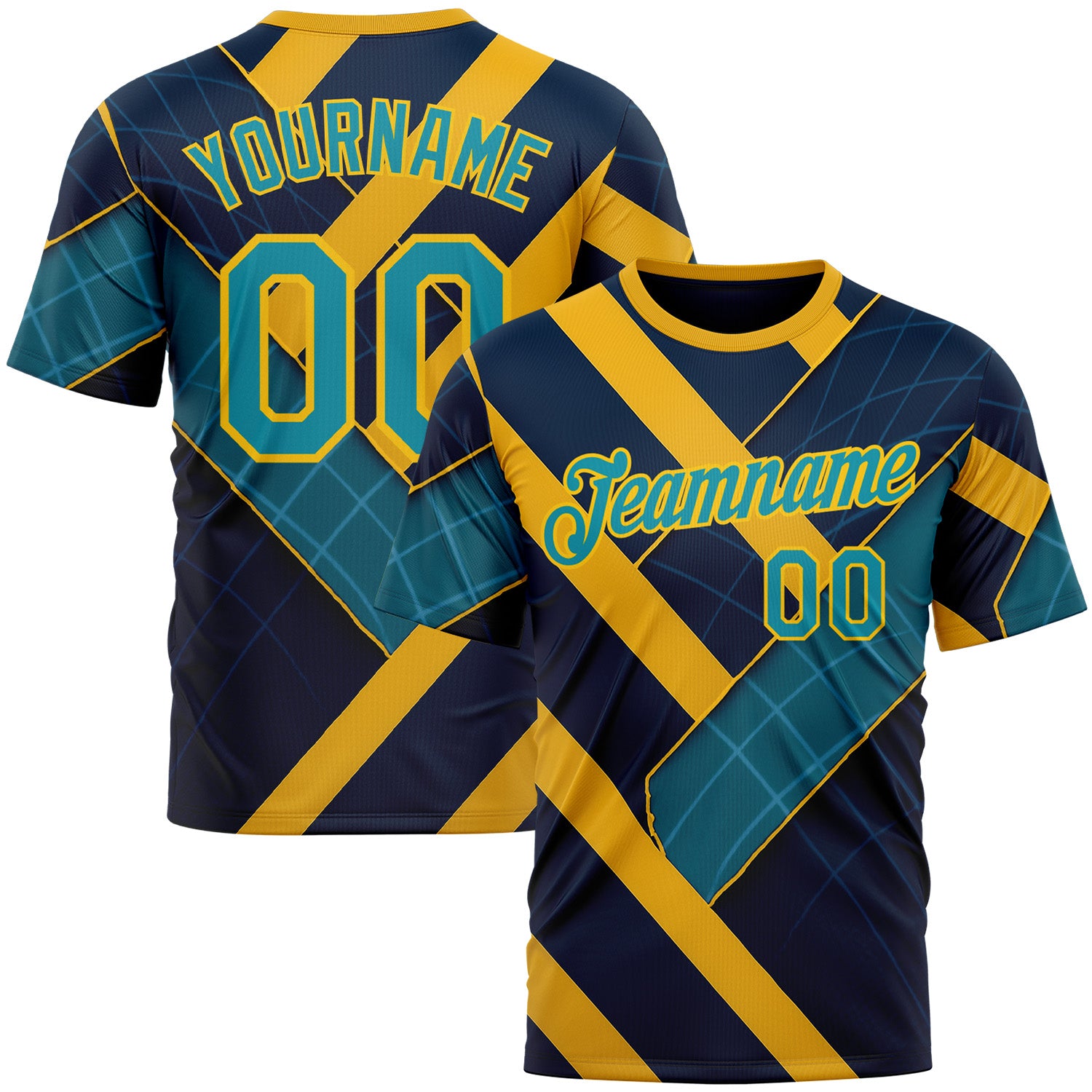 Custom Blue Teal-Yellow 3D Pattern Design Brazil Geometric Shape Sportswear Performance T-Shirt