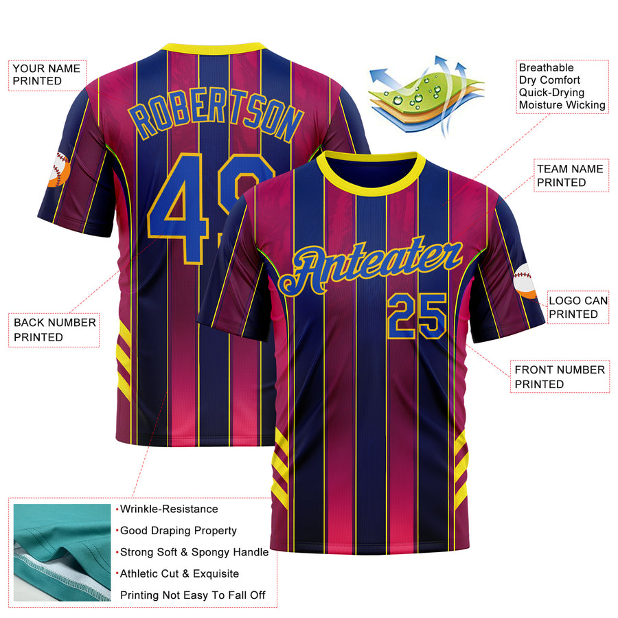 Custom Red Thunder Blue Blue-Yellow 3D Pattern Design Stripe Sportswear Performance T-Shirt