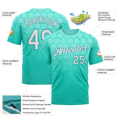 Custom Green White-Teal 3D Pattern Design Geometric Honeycomb Shape Sportswear Performance T-Shirt