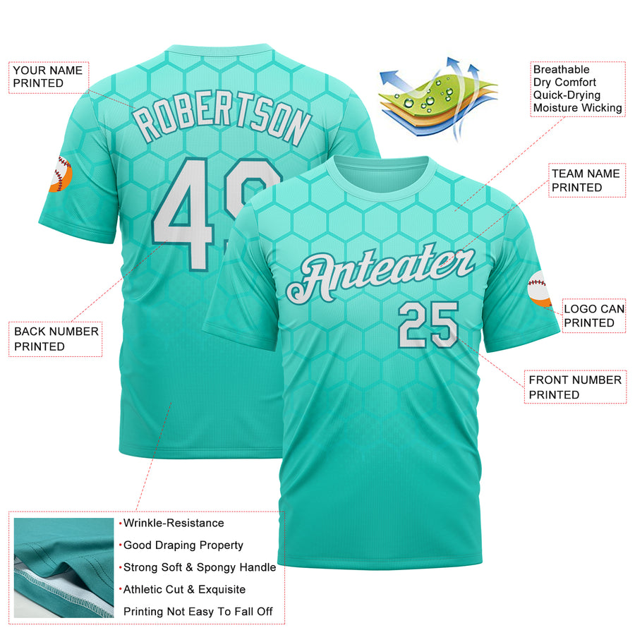 Custom Green White-Teal 3D Pattern Design Geometric Honeycomb Shape Sportswear Performance T-Shirt
