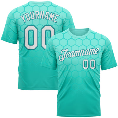 Custom Green White-Teal 3D Pattern Design Geometric Honeycomb Shape Sportswear Performance T-Shirt