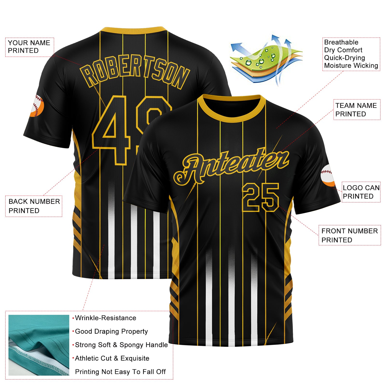 Custom Black Yellow 3D Pattern Design Germany Stripe Sportswear Performance T-Shirt