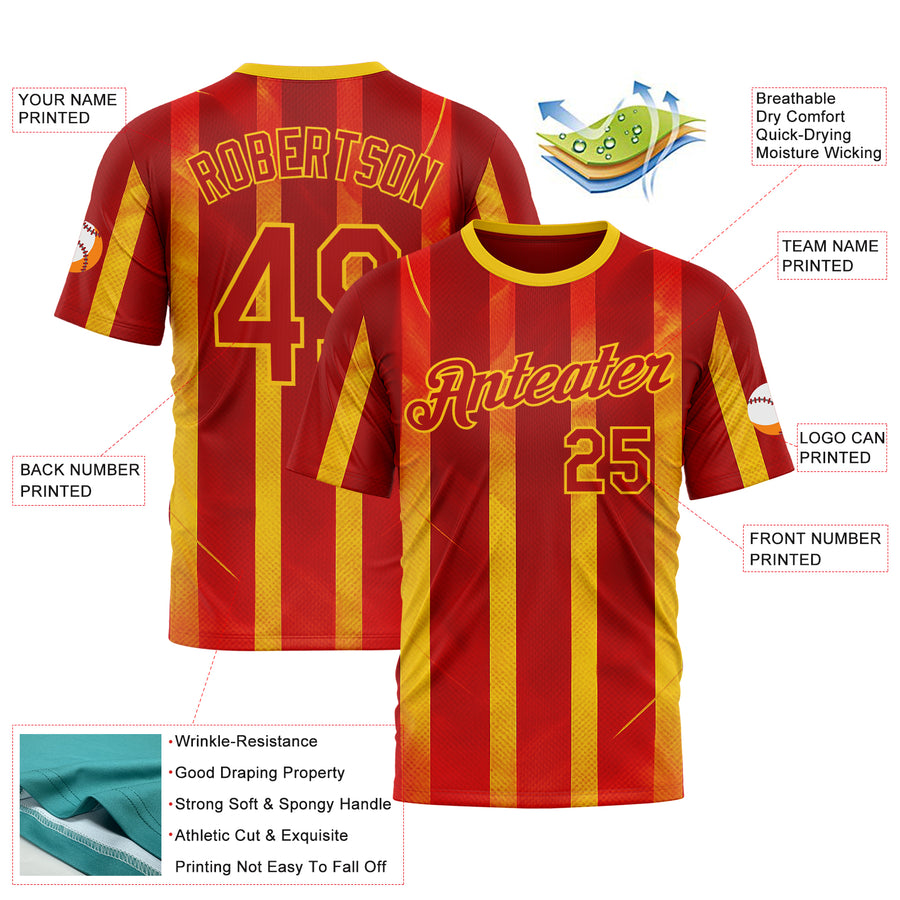 Custom Red Yellow 3D Pattern Design Spain Stripe Sportswear Performance T-Shirt