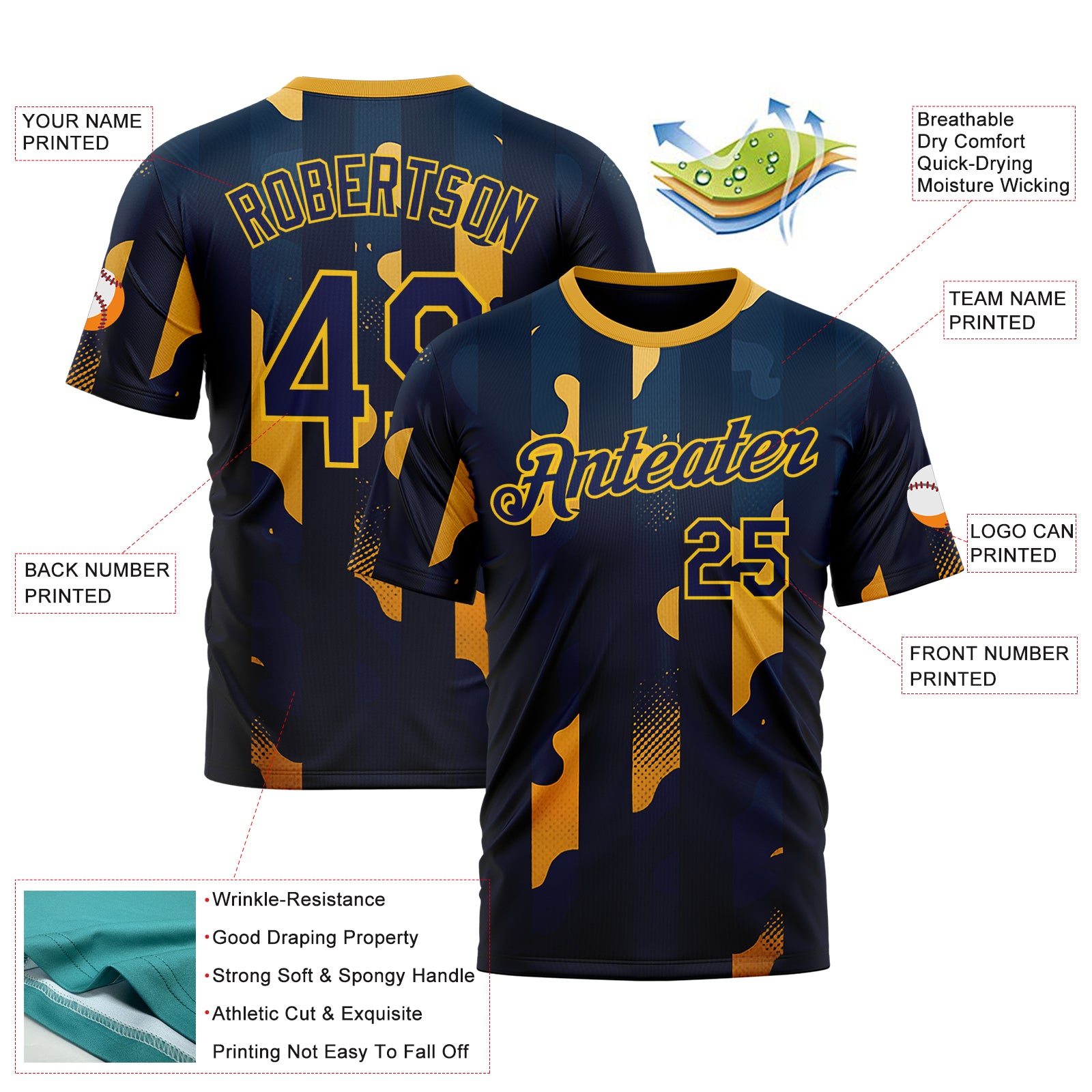 Custom Blue Navy-Yellow 3D Pattern Design Geometric Shape Stripe Sportswear Performance T-Shirt