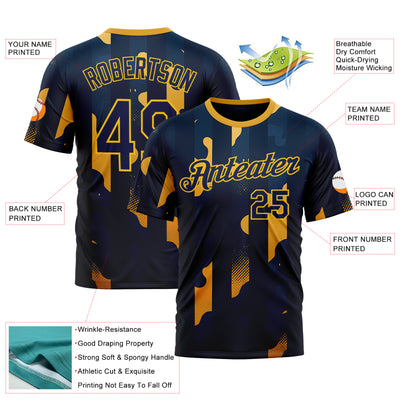 Custom Blue Navy-Yellow 3D Pattern Design Geometric Shape Stripe Sportswear Performance T-Shirt