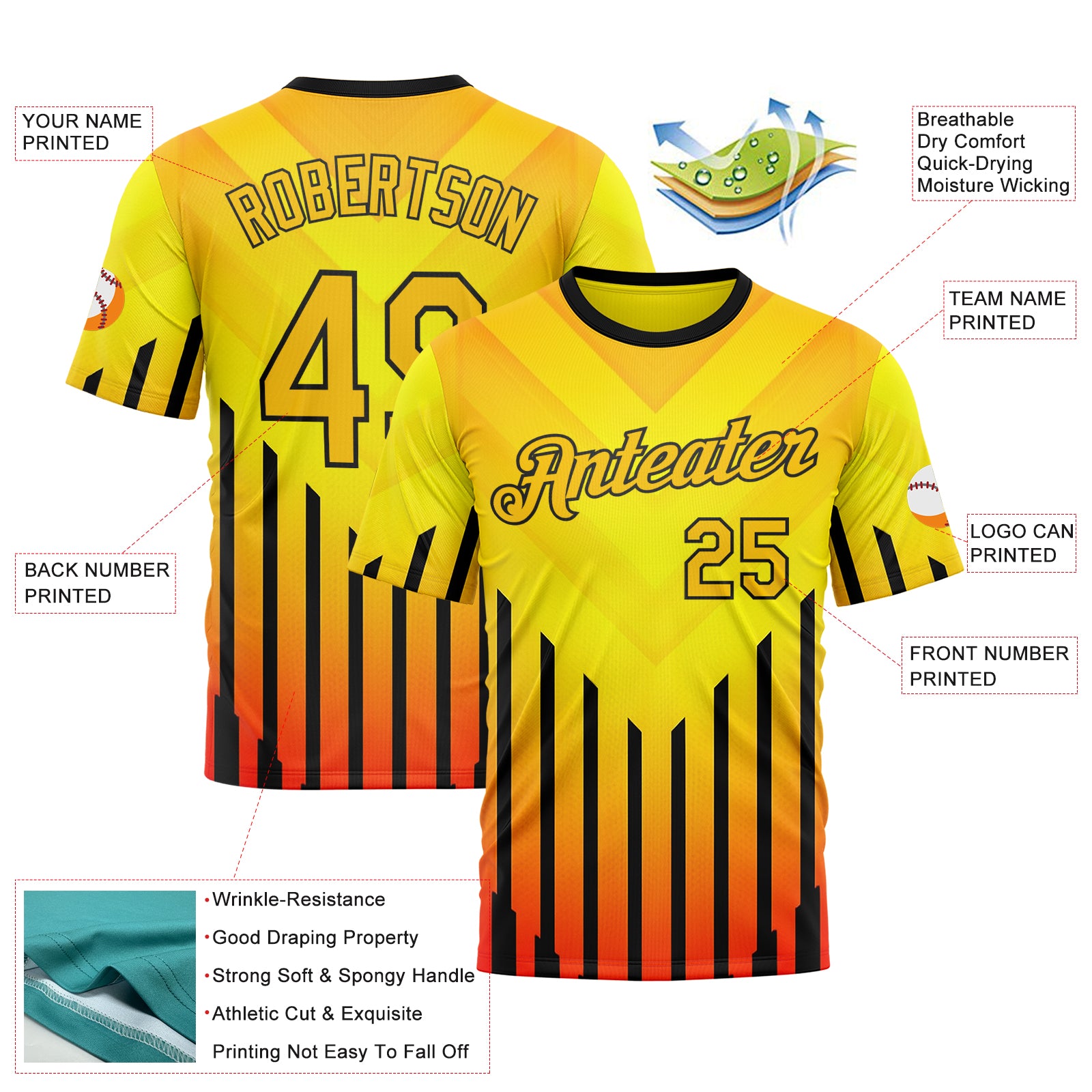 Custom Yellow Red-Black 3D Pattern Design Gradient Geometric Shape Stripe Sportswear Performance T-Shirt