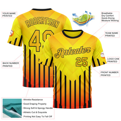 Custom Yellow Red-Black 3D Pattern Design Gradient Geometric Shape Stripe Sportswear Performance T-Shirt