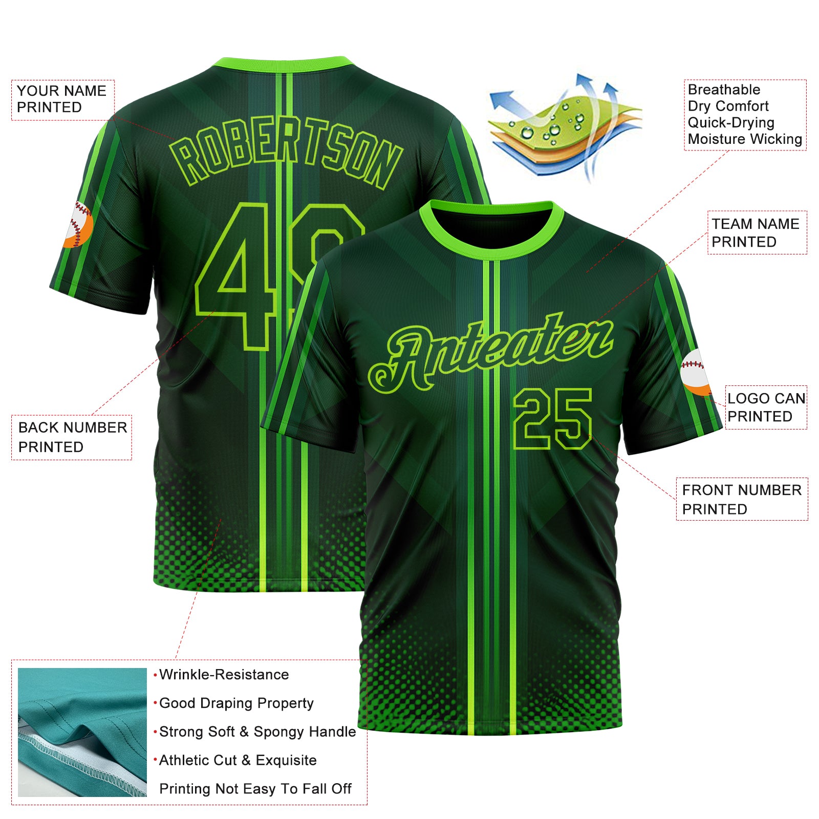 Custom Green Neon Green 3D Pattern Design Gradient Stripe Sportswear Performance T-Shirt