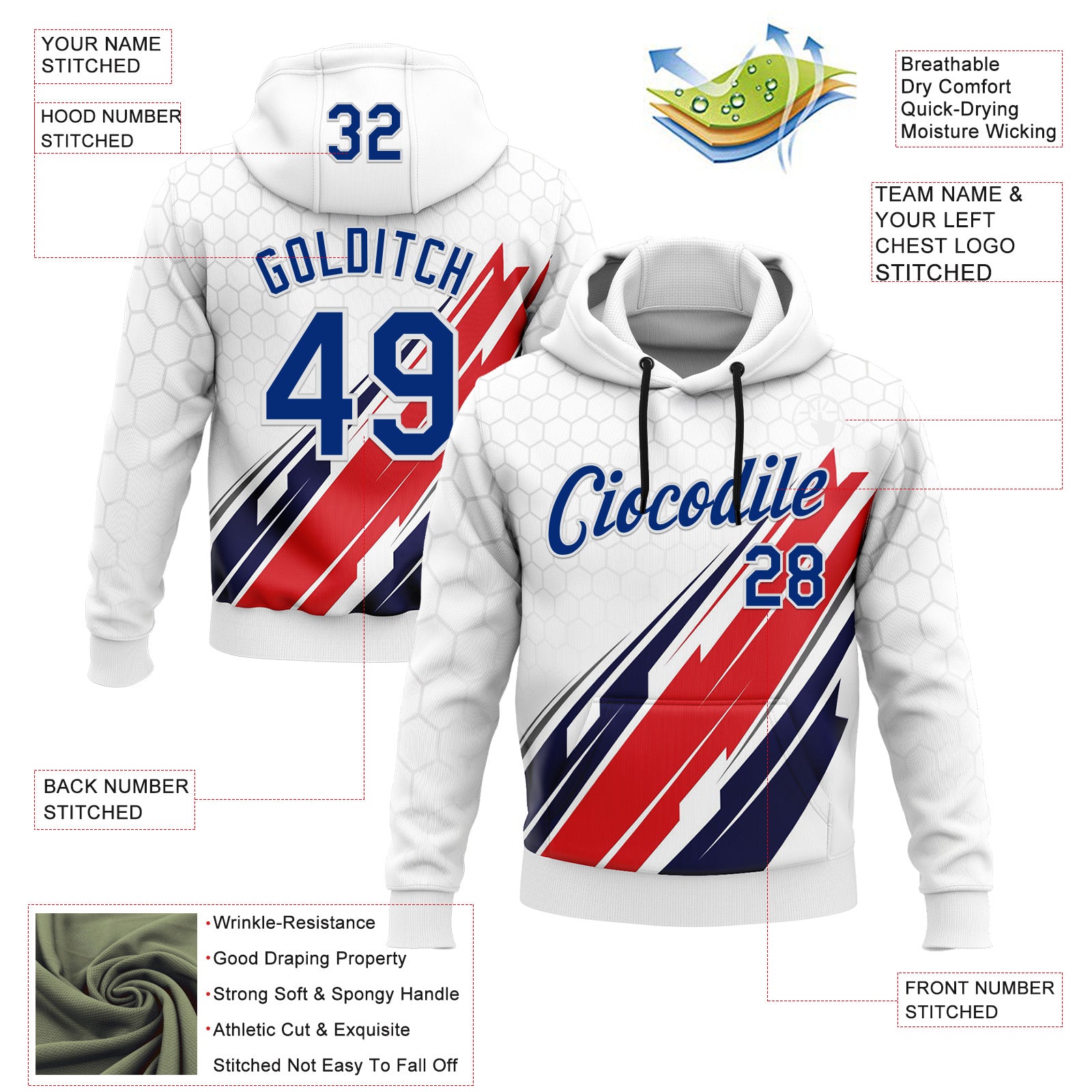 Custom Stitched White Royal-Red 3D Pattern Design American Inspired Abstract Geometric Honeycomb Shape Sportswear Pullover Sweatshirt Hoodie