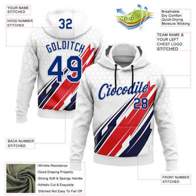 Custom Stitched White Royal-Red 3D Pattern Design American Inspired Abstract Geometric Honeycomb Shape Sportswear Pullover Sweatshirt Hoodie