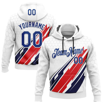 Custom Stitched White Royal-Red 3D Pattern Design American Inspired Abstract Geometric Honeycomb Shape Sportswear Pullover Sweatshirt Hoodie
