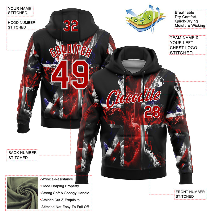 Custom Stitched Black Red-White 3D Pattern Design England Inspired Flame Sportswear Pullover Sweatshirt Hoodie
