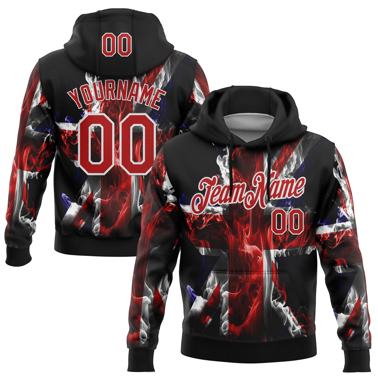 Custom Stitched Black Red-White 3D Pattern Design England Inspired Flame Sportswear Pullover Sweatshirt Hoodie