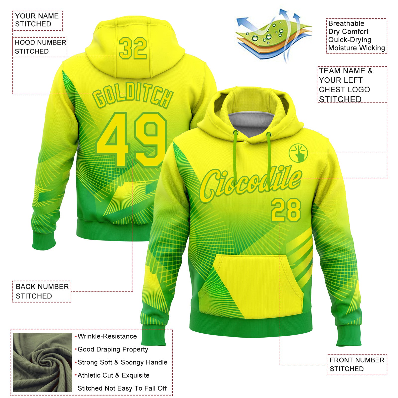 Custom Stitched Yellow Light Yellow Green-Aurora Green 3D Pattern Design Brazil Inspired Geometric Shape Sportswear Pullover Sweatshirt Hoodie