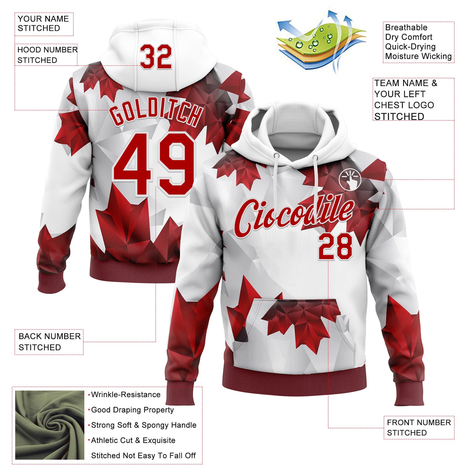 Custom Stitched White Red 3D Pattern Design Canada Maple Sportswear Pullover Sweatshirt Hoodie