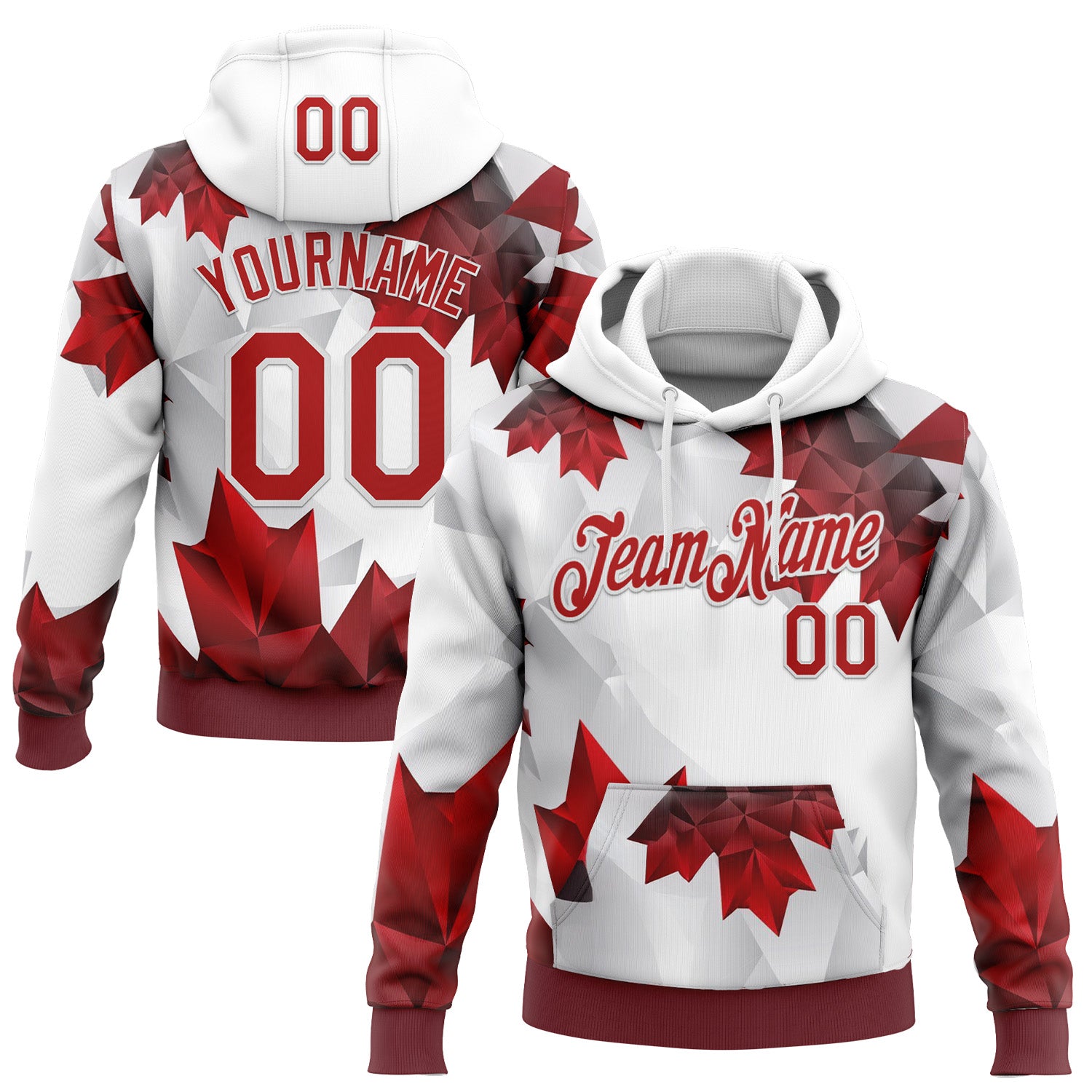 Custom Stitched White Red 3D Pattern Design Canada Maple Sportswear Pullover Sweatshirt Hoodie