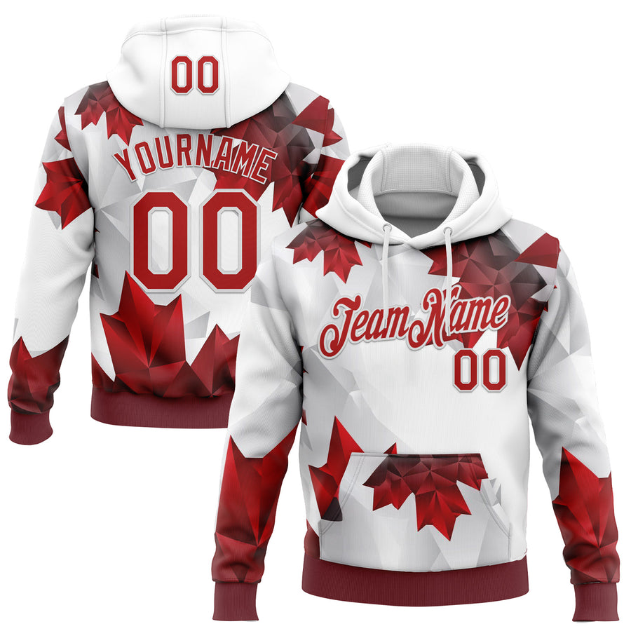 Custom Stitched White Red 3D Pattern Design Canada Maple Sportswear Pullover Sweatshirt Hoodie