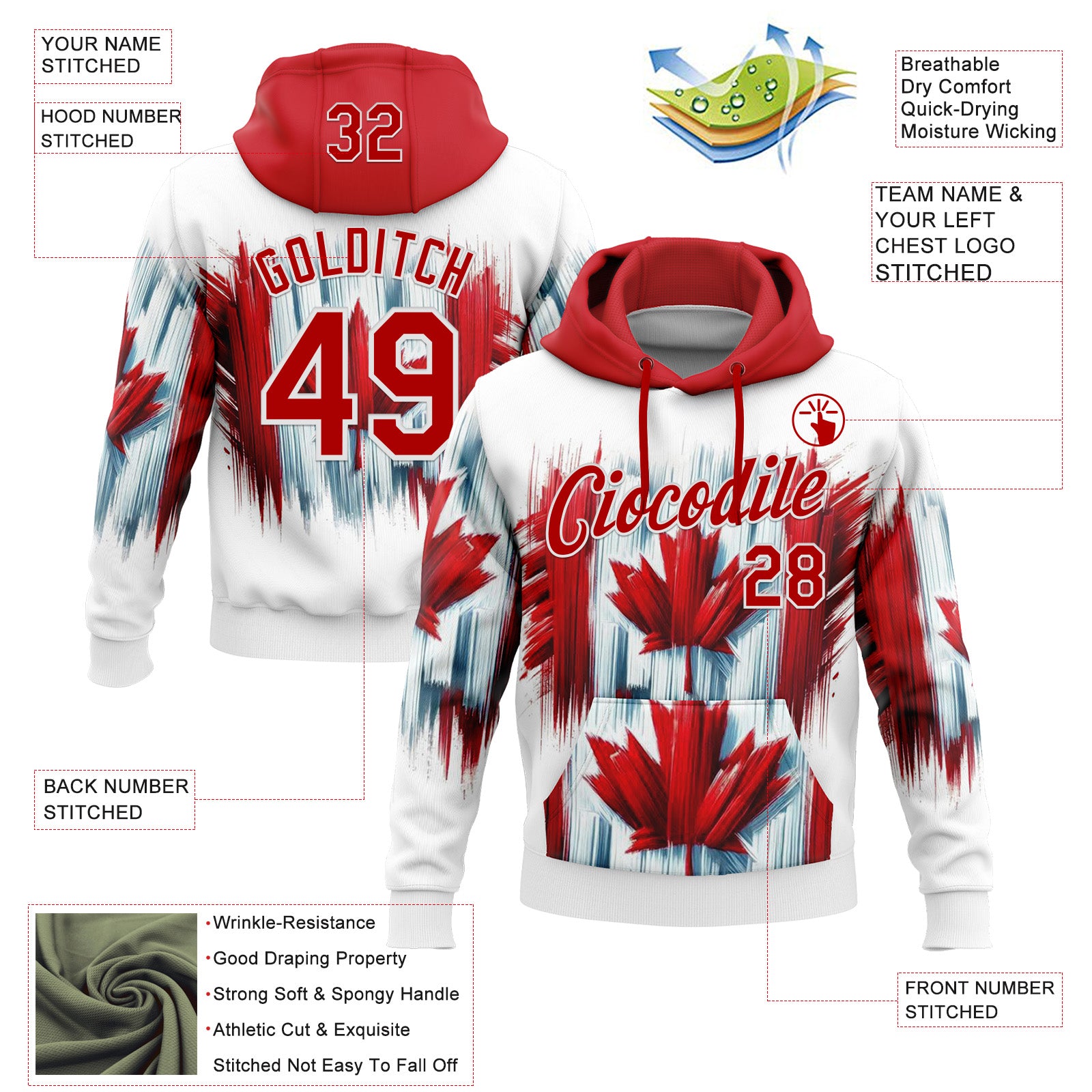Custom Stitched White Red 3D Pattern Design Canada Maple Sportswear Pullover Sweatshirt Hoodie
