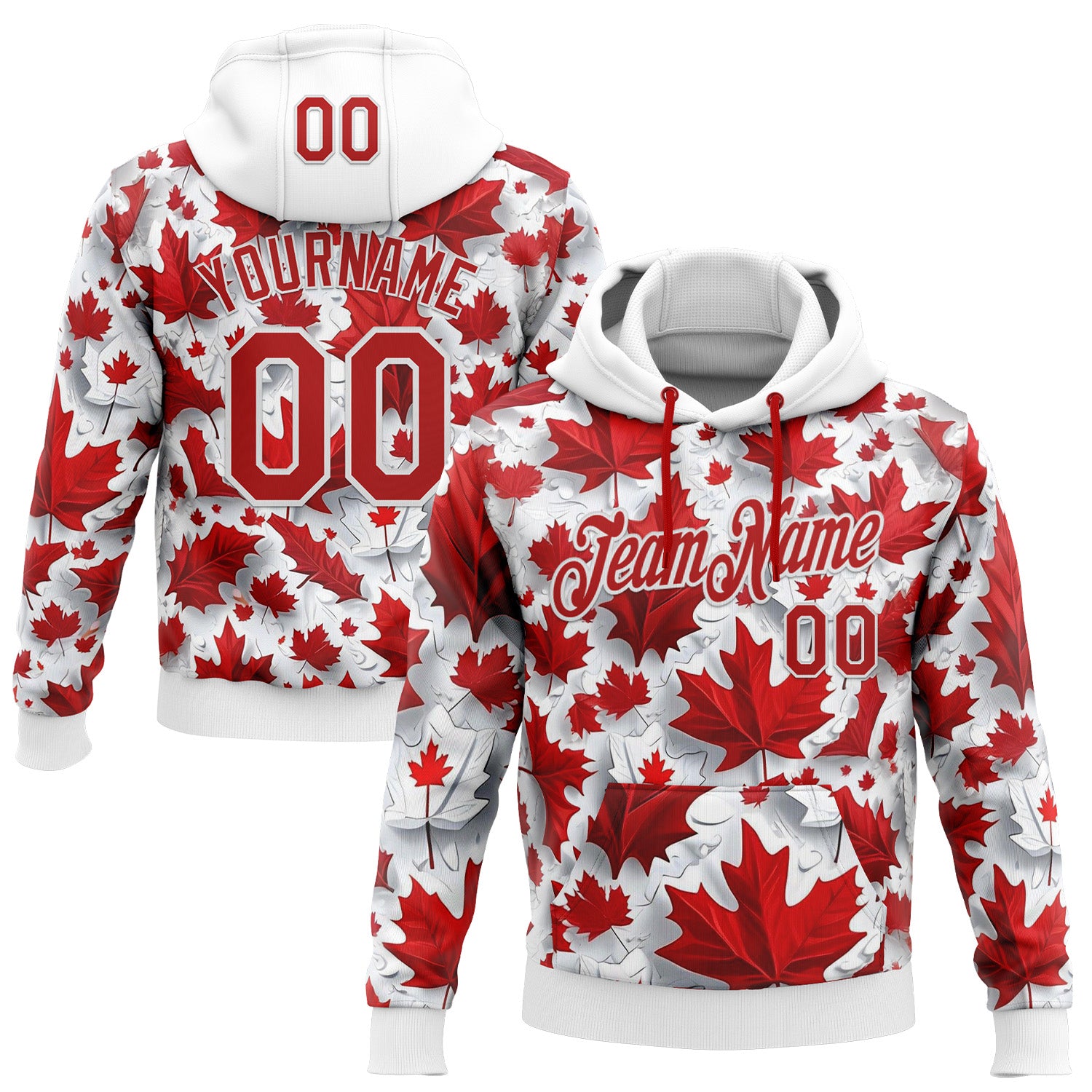 Custom Stitched White Red 3D Pattern Design Canada Maple Sportswear Pullover Sweatshirt Hoodie