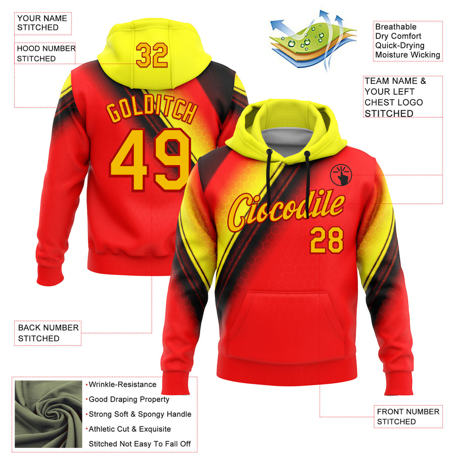 Custom Stitched Red Yellow-Black 3D Pattern Design Germany Inspired Abstract Geometric Honeycomb Shape Sportswear Pullover Sweatshirt Hoodie