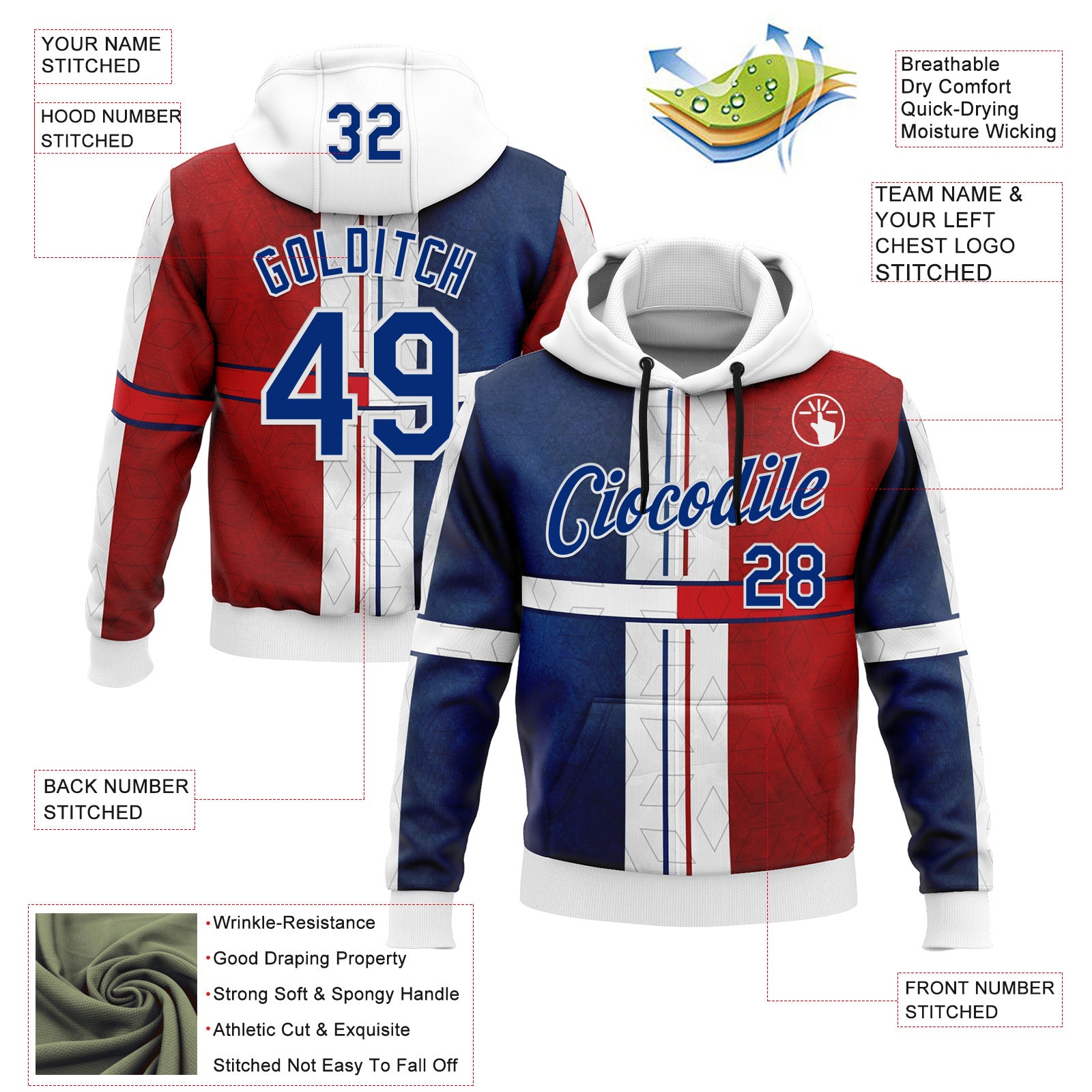 Custom Stitched White Royal Blue-Red 3D Pattern Design American Inspired Geometric Shape Sportswear Pullover Sweatshirt Hoodie
