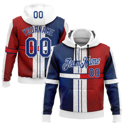 Custom Stitched White Royal Blue-Red 3D Pattern Design American Inspired Geometric Shape Sportswear Pullover Sweatshirt Hoodie