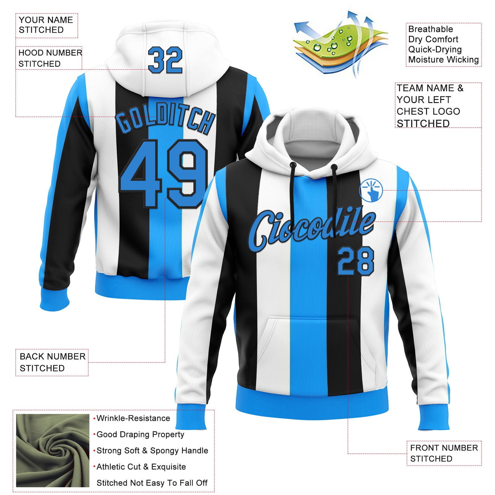 Custom Stitched White Powder Blue Black-Blue 3D Pattern Design Argentine Inspired Stripe Sportswear Pullover Sweatshirt Hoodie