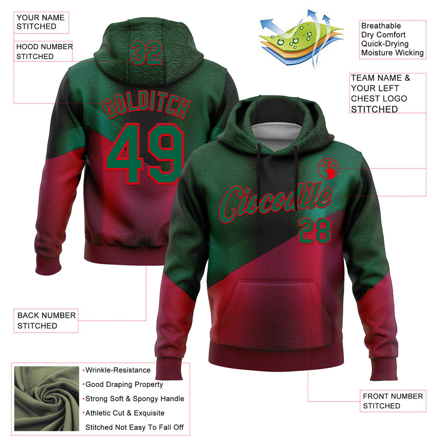 Custom Stitched Green Kelly Green-Red 3D Pattern Design Mexico Abstract Sportswear Pullover Sweatshirt Hoodie