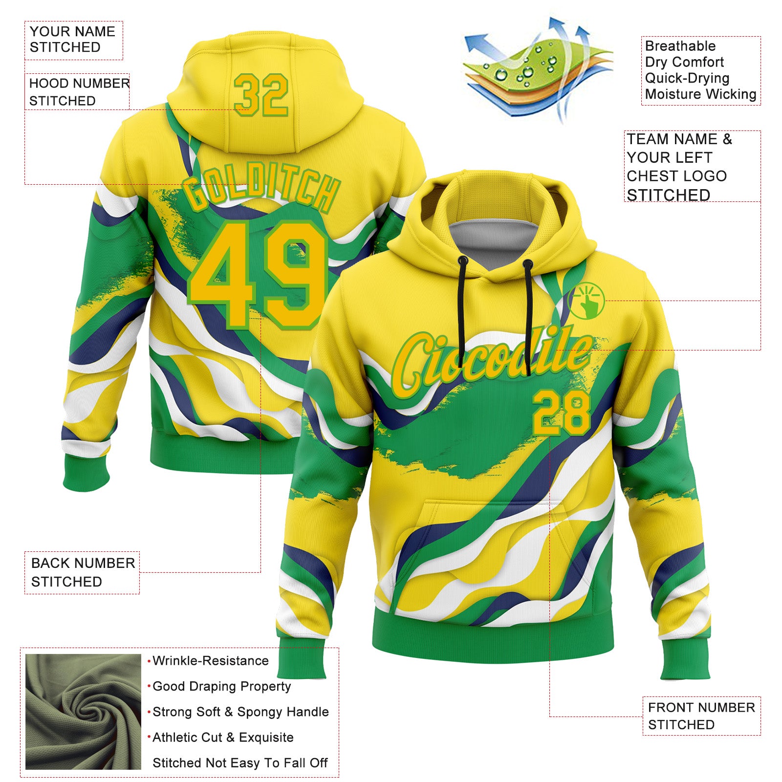 Custom Stitched Yellow Green-Aurora Green 3D Pattern Design Brazil Inspired Abstract Wave Sportswear Pullover Sweatshirt Hoodie