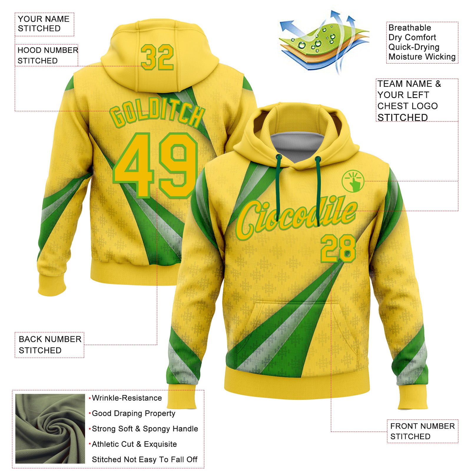 Custom Stitched Yellow Green-Aurora Green 3D Pattern Design Brazil Inspired Geometric Shape Sportswear Pullover Sweatshirt Hoodie