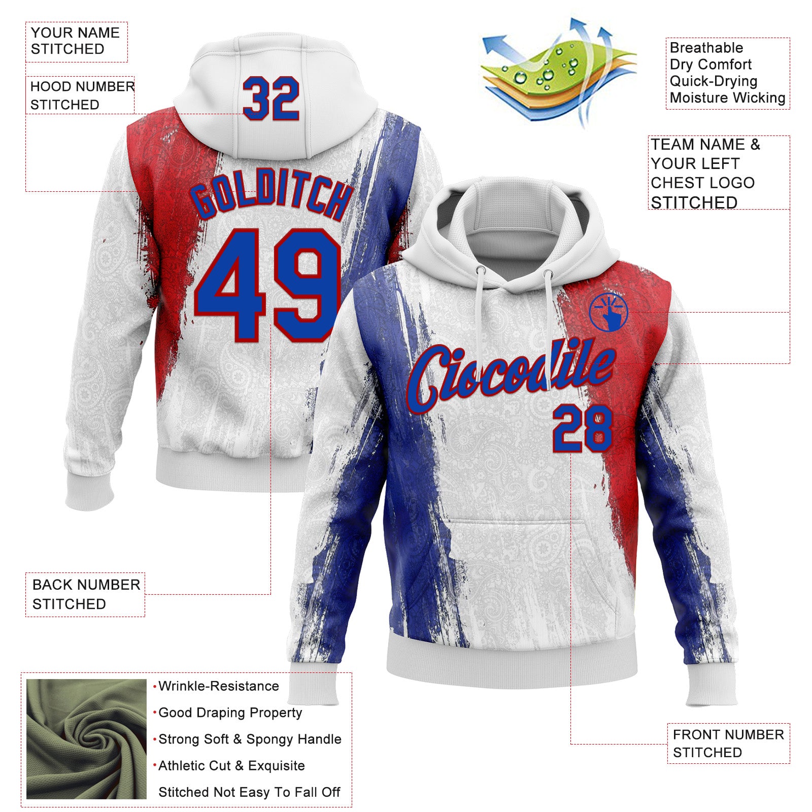 Custom Stitched White Thunder Blue-Red 3D Pattern Design American Inspired Ethnic Paisley Bandana Sportswear Pullover Sweatshirt Hoodie