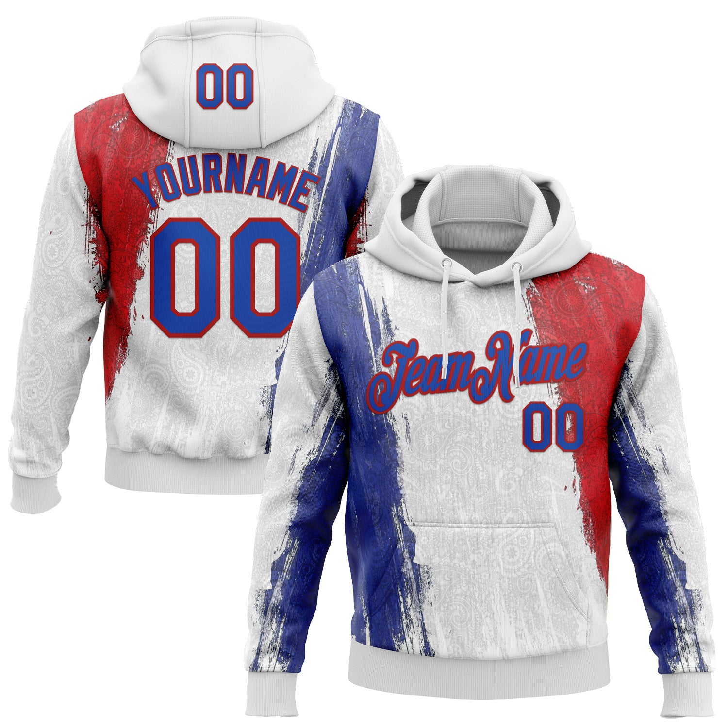 Custom Stitched White Thunder Blue-Red 3D Pattern Design American Inspired Ethnic Paisley Bandana Sportswear Pullover Sweatshirt Hoodie