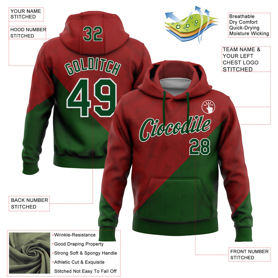 Custom Stitched Red Green-White 3D Pattern Design Mexico Subtle Sportswear Pullover Sweatshirt Hoodie