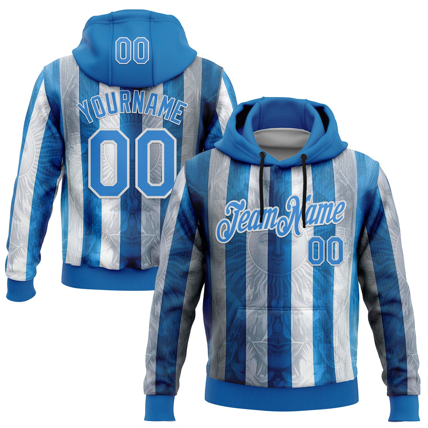 Custom Stitched Blue Powder Blue-White 3D Pattern Design Argentine Inspired Sun And Moon Sportswear Pullover Sweatshirt Hoodie