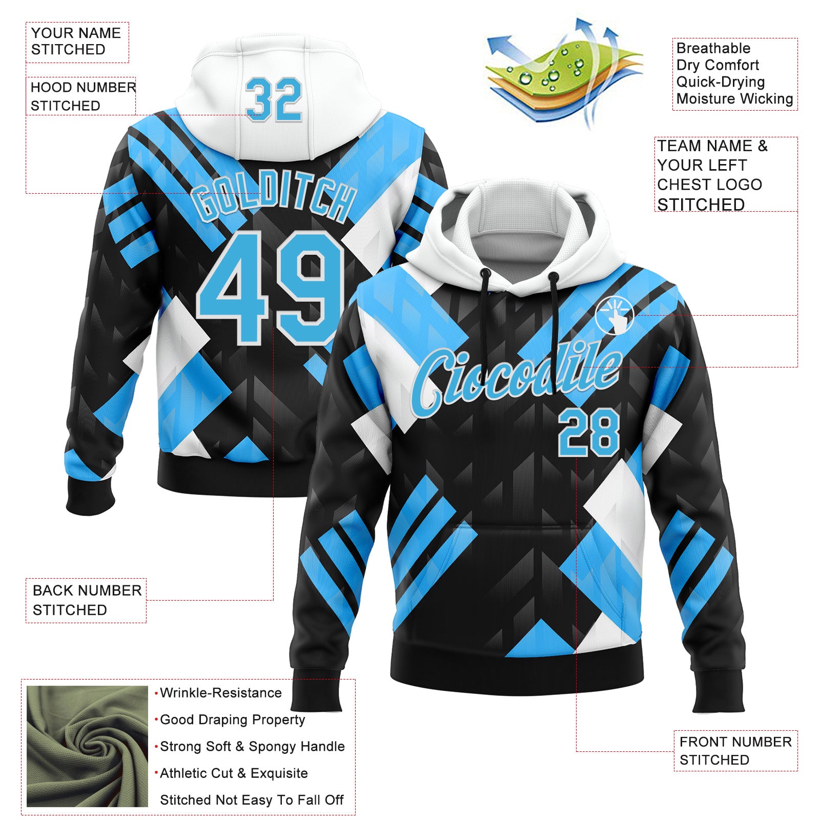 Custom Stitched Black Sky Blue Blue-White 3D Pattern Design Chelsea Argentine Inspired Geometric Shape Sportswear Pullover Sweatshirt Hoodie