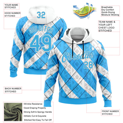 Custom Stitched White Sky Blue Black-Blue 3D Pattern Design Argentine Inspired Geometric Tribal Shape Sportswear Pullover Sweatshirt Hoodie