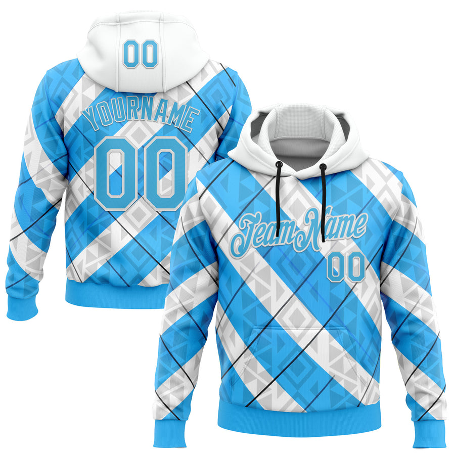 Custom Stitched White Sky Blue Black-Blue 3D Pattern Design Argentine Inspired Geometric Tribal Shape Sportswear Pullover Sweatshirt Hoodie