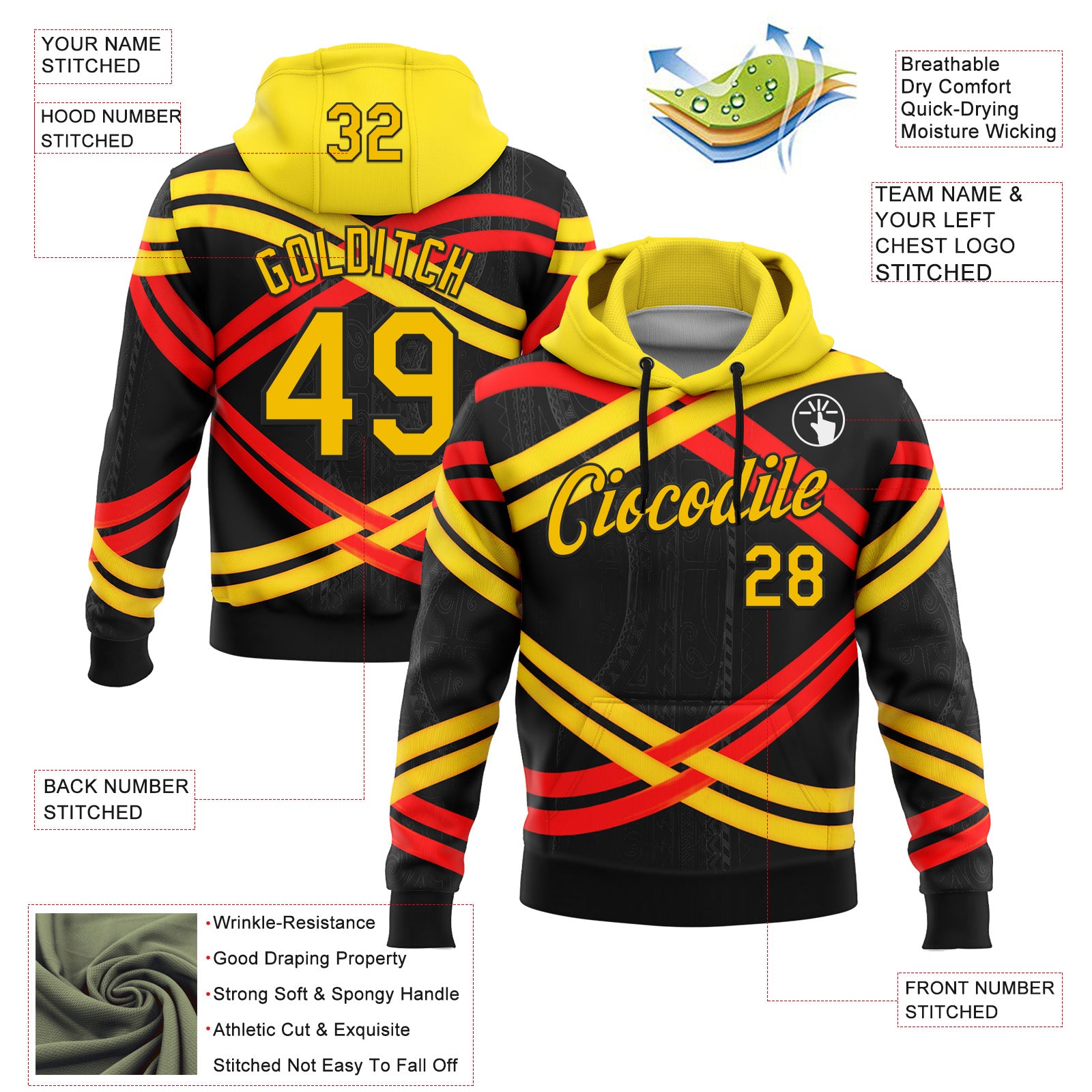 Custom Stitched Black Yellow-Red 3D Pattern Design Germany Inspired Stripe Subtle Tribal Sportswear Pullover Sweatshirt Hoodie