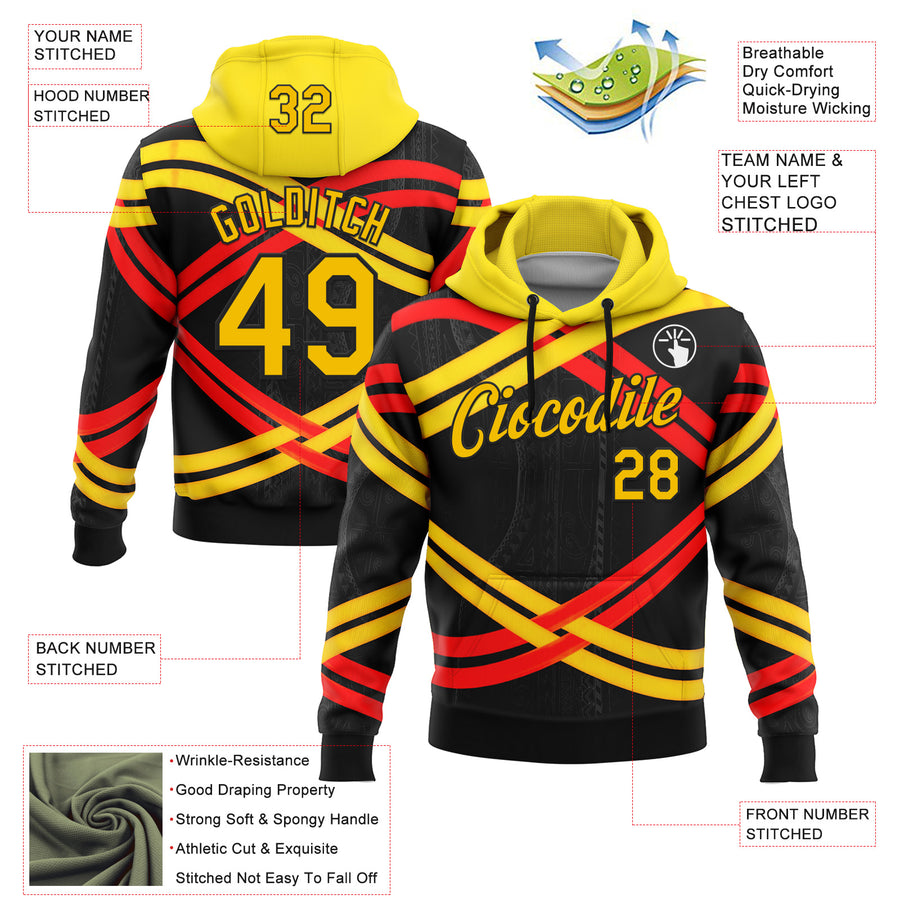Custom Stitched Black Yellow-Red 3D Pattern Design Germany Inspired Stripe Subtle Tribal Sportswear Pullover Sweatshirt Hoodie