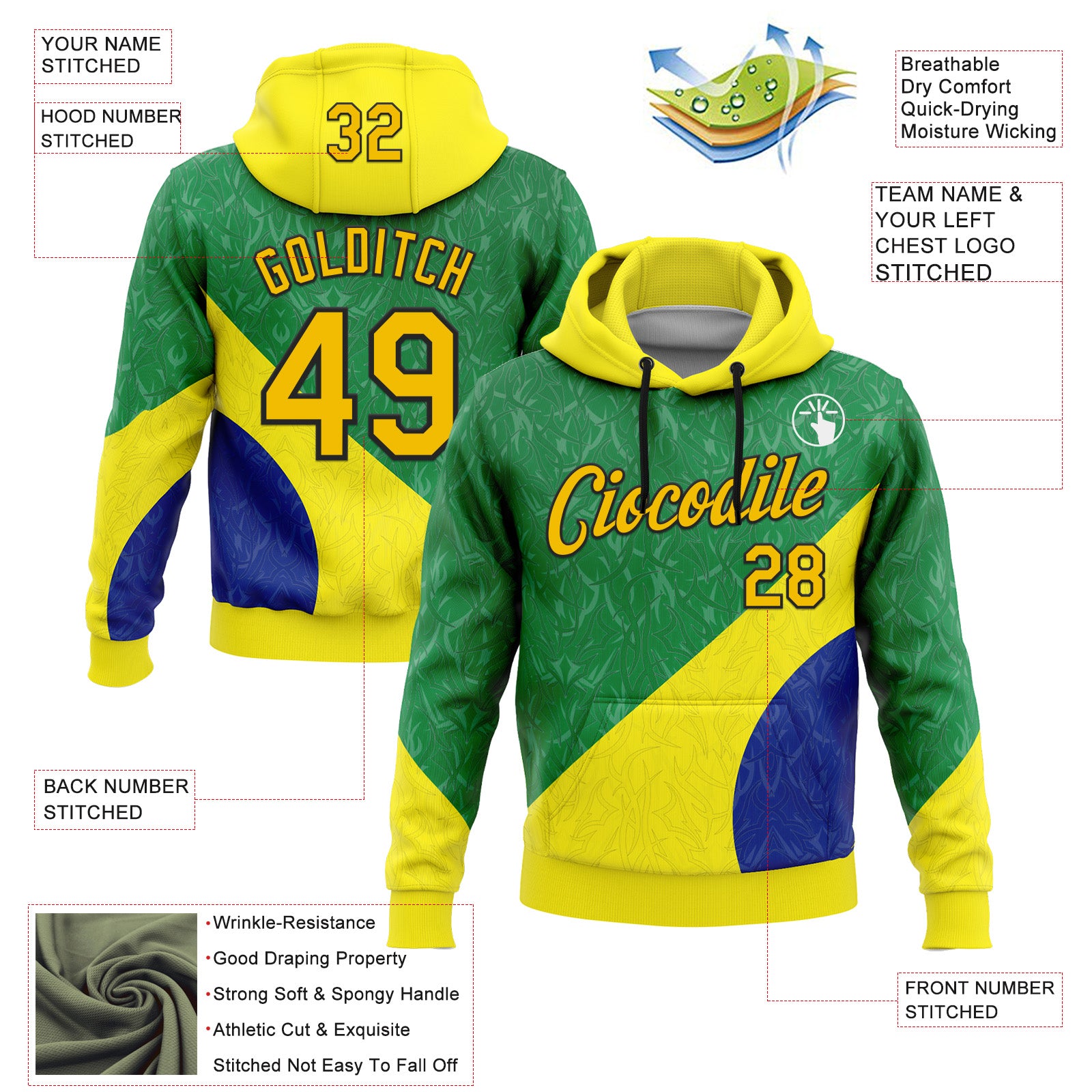 Custom Stitched Green Yellow Blue-Black 3D Pattern Design Brazil Inspired Subtle Sportswear Pullover Sweatshirt Hoodie