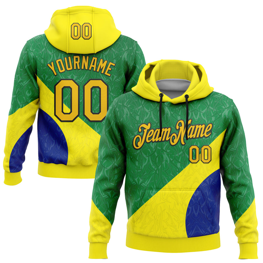 Custom Stitched Green Yellow Blue-Black 3D Pattern Design Brazil Inspired Subtle Sportswear Pullover Sweatshirt Hoodie